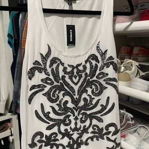 Express Embellished White and Black Sleeveless Tank Top